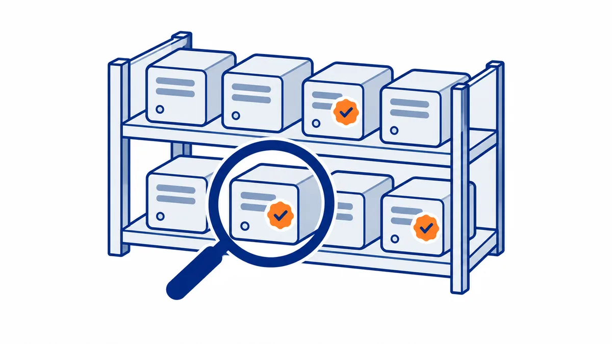 Uno scaffale di server MCP, alcuni con il sigillo di verifica, esaminati con una lente